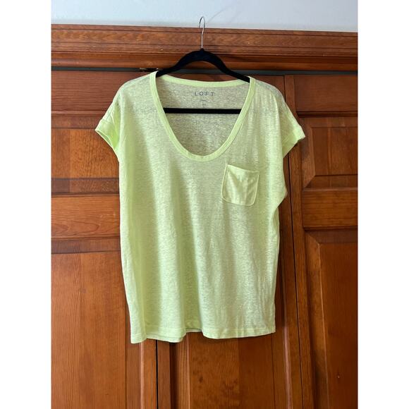 LOFT Women's Linen Pocket Tee Lightweight Short Sleeve Lime Yellow Green Size S - Picture 2 of 10